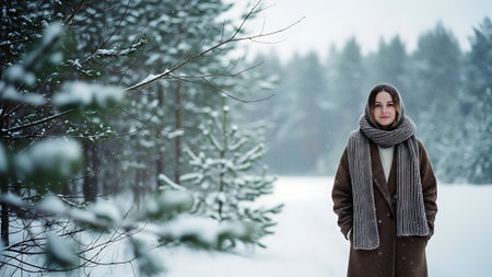 Young beautiful woman in the winter forest. Girl in a brown coat and scarf.の素材