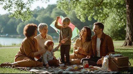 Happy family having picnic in summer park. Mother, father, children and grandparents spending time together.の素材
