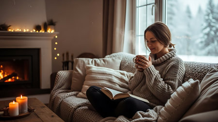 Beautiful young woman in warm sweater sitting on sofa at home and reading book.の素材