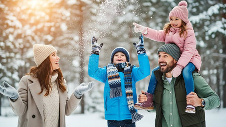 family, winter, happiness and people concept - smiling mother, father and little daughter throwing snow in airの素材