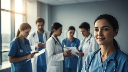 Attractive female doctor standing in front of her team and looking at cameraの素材