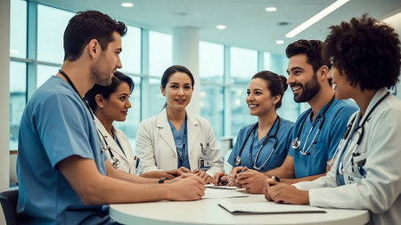 group of doctors discussing something while sitting at the table in hospital officeの素材