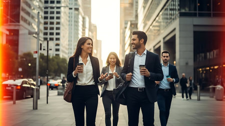 business, people and technology concept - group of smiling businesspeople with smartphones walking in cityの素材