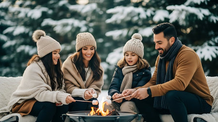 Group of happy friends having picnic in winter forest. They are roasting marshmallows and smiling.の素材