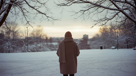 Back view of a woman standing in a snowy park looking at the sunsetの素材