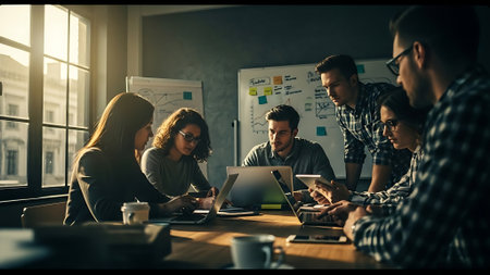 Group of young business people working in modern office. Selective focus.の素材