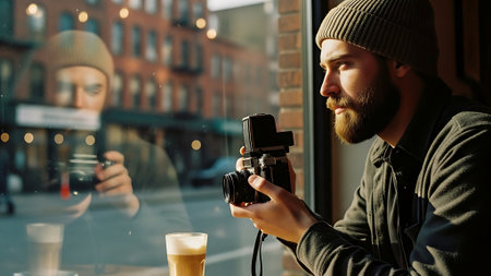 Handsome bearded man in a hat with a camera on the background of the window.の素材