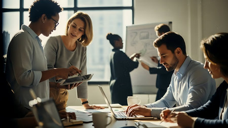 Group of business people working together in modern office. Selective focus.の素材