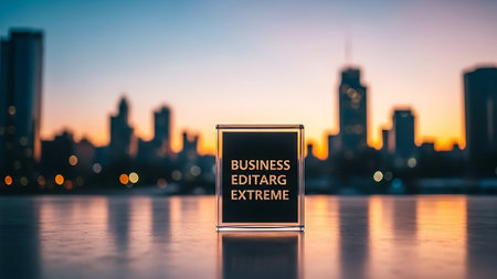 Business and finance concept, 3D rendering. Glass cube with business related text over blurred cityscape background.の素材