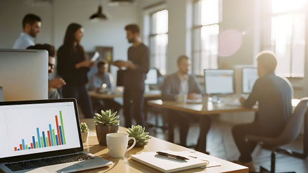 Business people working together in modern office, focus on laptop and coffee cupの素材