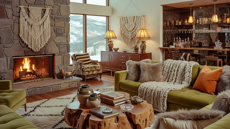 Living room interior design with fireplace, armchairs, coffee table, sofa and pillows. 3d renderの素材