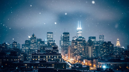 New York City Manhattan midtown skyline at night with urban skyscrapers.の素材
