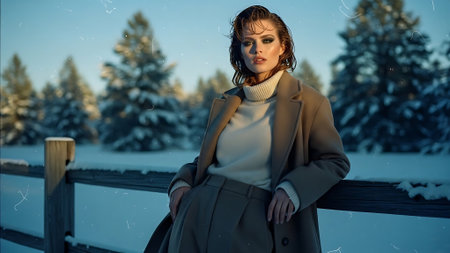 Beautiful young woman in winter park. Fashion shot. Beauty, winter fashion.の素材