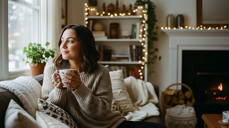 Beautiful woman drinking coffee at home in the living room. Cozy atmosphere.の素材