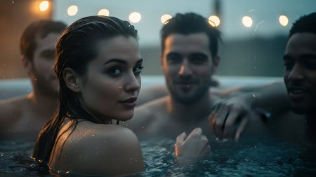 Group of happy young people relaxing in hot tub at spa center.の素材