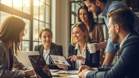 Group of young business people working and communicating together in modern office.の素材