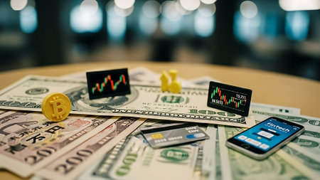 Bitcoin, credit card and dollar banknotes. Cryptocurrency trading concept.の素材