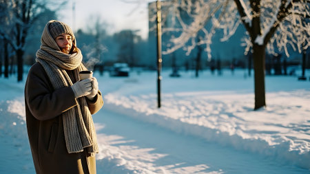 A young man with a cup of coffee in his hands walks in the park in winter.の素材