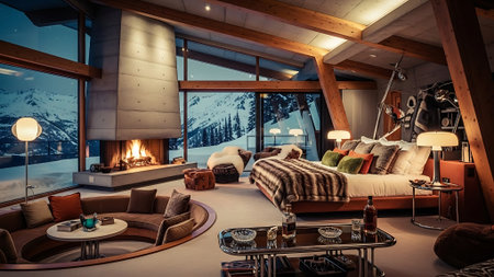Interior of a modern chalet with a beautiful view of the mountainsの素材