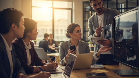 Group of business people in smart casual wear working together in modern office.の素材