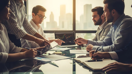Group of business people discussing the charts and graphs showing the results of their successful teamwork in the office.の素材