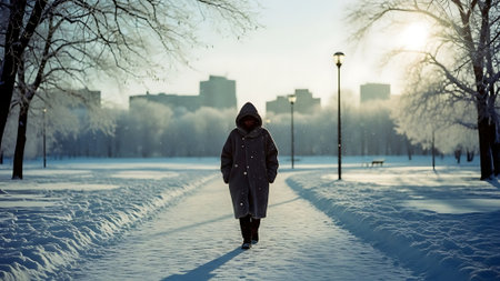 A girl in a gray coat walks through the winter city park.の素材