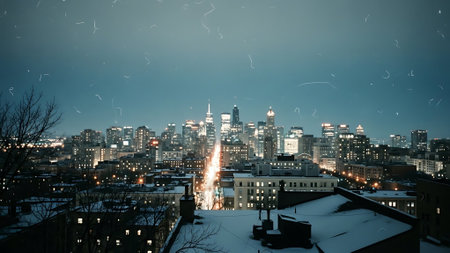 New York City skyline at night with snow covered roofs and buildings.の素材