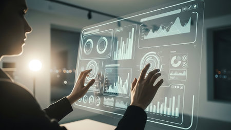 Close up of businesswoman using virtual panel with infographs on itの素材