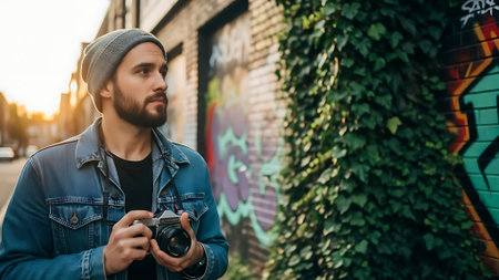 Handsome hipster man with a beard in a blue jacket and a hat with a camera in his hands on the background of a graffiti wallの素材