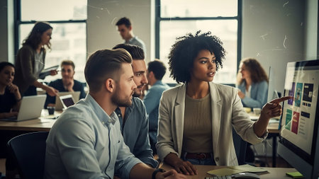 Multiethnic group of young business people in a meeting at officeの素材