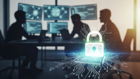 Cyber security and data protection concept on blurred office background. 3D Renderingの素材