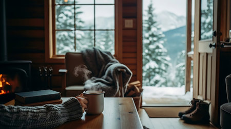A woman in a warm sweater sits at a wooden table with a cup of hot coffee near the fireplace in the mountains.の素材