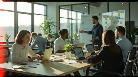 Group of business people discussing business plan at modern startup office building.の素材