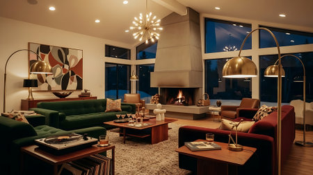 Interior of a modern living room with a fireplace and green sofasの素材