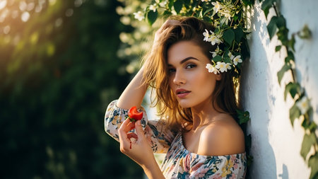 Portrait of a beautiful young woman with a bouquet of flowers in her hands.の素材