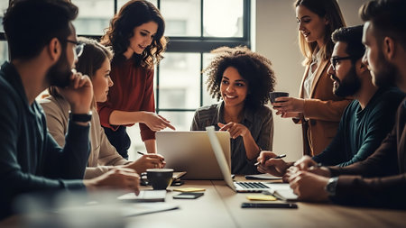 Group of young business people working and communicating together in the office.の素材