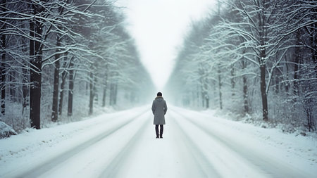Woman walking alone in winter forest. Rear view of woman walking alone in winter forest.の素材