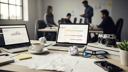 Workplace with laptop and mobile phone on the table in modern officeの素材