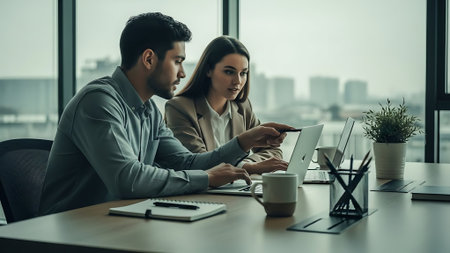 Young business people working together in modern office. Teamwork concept.の素材