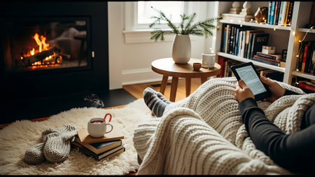 Woman using tablet at home in front of the fireplace. Winter holiday concept.の素材
