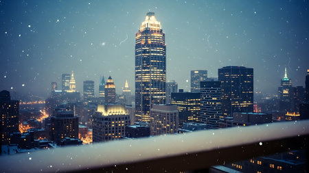 View of the New York City skyline at night with snowfall.の素材