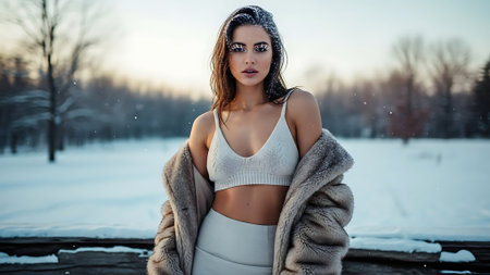 Beautiful girl in a fur coat on a background of winter landscapeの素材