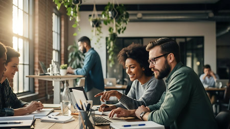 Multiracial group of business people working together in modern office.の素材