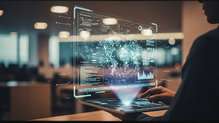 Close up of woman hands using tablet with abstract glowing screen. Technology conceptの素材