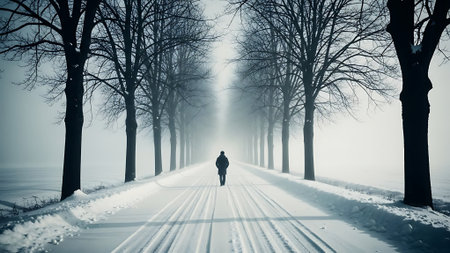 Man running on a snowy road in a foggy winter forest.の素材