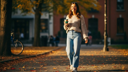 Young woman with coffee cup walking in the city at autumn day.の素材