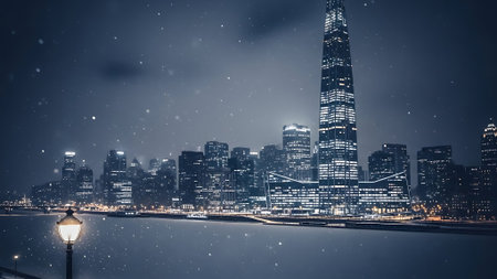 Cityscape of Chicago at night, Illinois, United States of Americaの素材