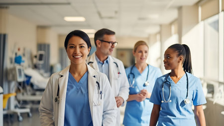 group of medics or doctors with stethoscopes at hospitalの素材