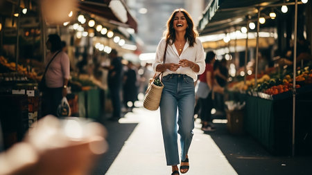 Beautiful young woman is walking in the city at the market.の素材