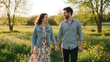 Young happy couple walking in the park at sunset, holding hands and smilingの素材